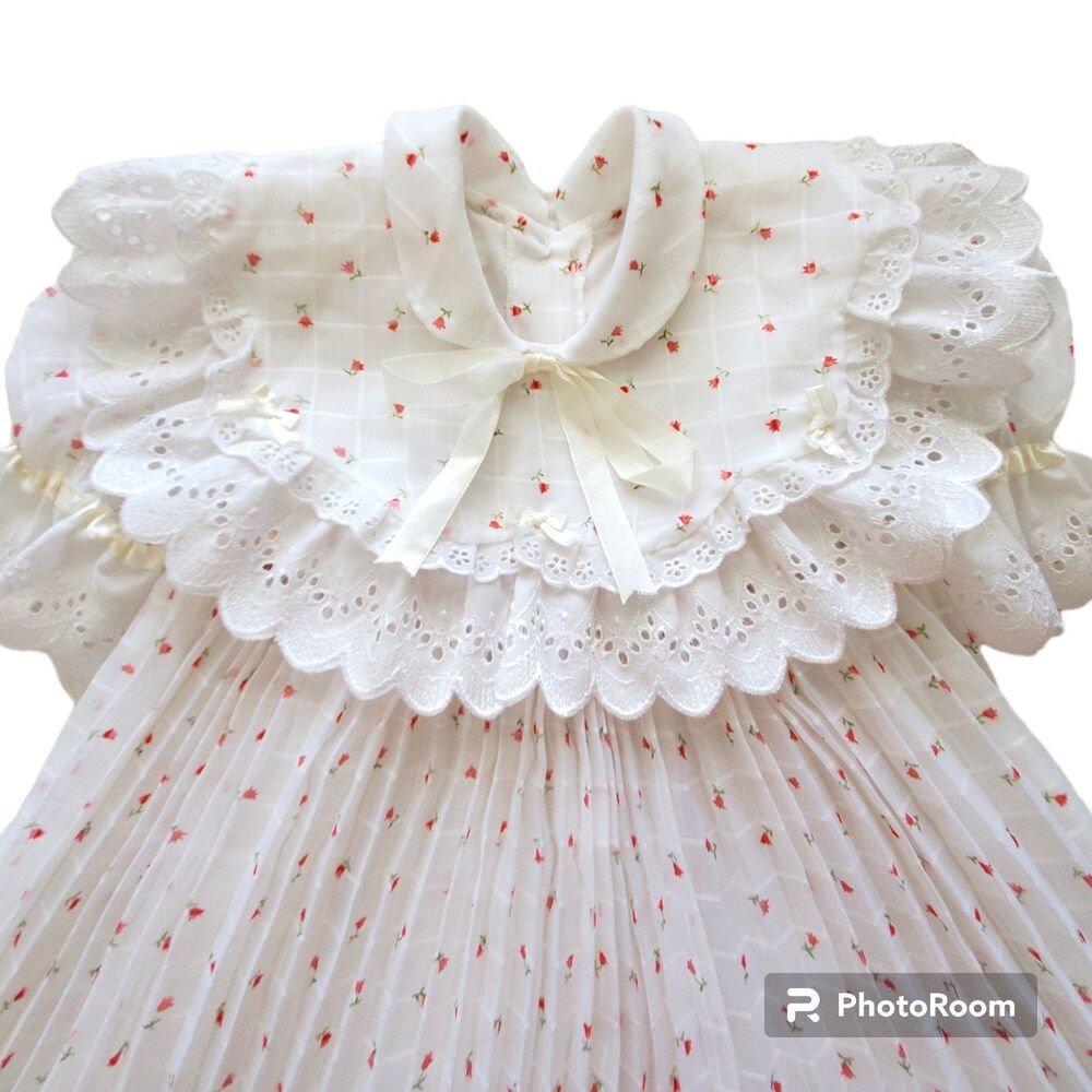 Angelic Vintage Pleated Girls Toddler Dress White Tiny Flowers Roses 2T 3T